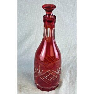Vintage Cranberry Red Cut to Clear Bohemian Glass Decanter with Stopper (chip)